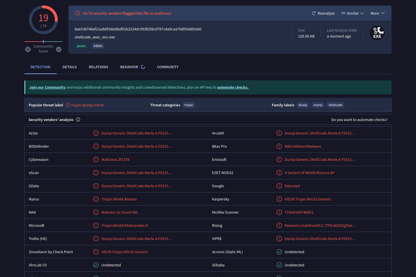 encrypted shellcode loader virus total